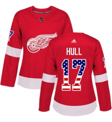 Women's Adidas Detroit Red Wings #17 Brett Hull Authentic Red USA Flag Fashion NHL Jersey