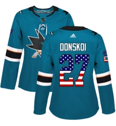 Women's Adidas San Jose Sharks #27 Joonas Donskoi Authentic Teal Green USA Flag Fashion NHL Jersey
