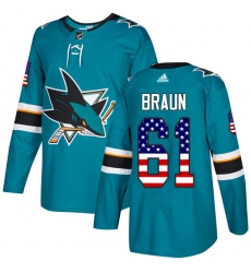 Youth Adidas San Jose Sharks #61 Justin Braun Authentic Teal Green USA Flag Fashion NHL Jersey