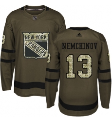 Men's Adidas New York Rangers #13 Sergei Nemchinov Authentic Green Salute to Service NHL Jersey