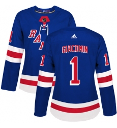Women's Adidas New York Rangers #1 Eddie Giacomin Authentic Royal Blue Home NHL Jersey
