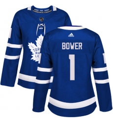 Women's Adidas Toronto Maple Leafs #1 Johnny Bower Authentic Royal Blue Home NHL Jersey
