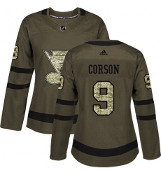 Women's Adidas St. Louis Blues #9 Shayne Corson Authentic Green Salute to Service NHL Jersey