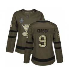 Women's St. Louis Blues #9 Shayne Corson Authentic Green Salute to Service 2019 Stanley Cup Final Bound Hockey Jersey
