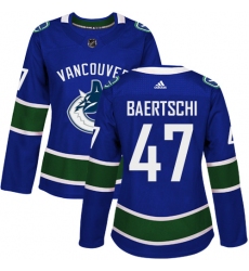 Women's Adidas Vancouver Canucks #47 Sven Baertschi Authentic Blue Home NHL Jersey