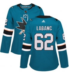 Women's Adidas San Jose Sharks #62 Kevin Labanc Authentic Teal Green Home NHL Jersey