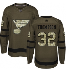 Men's Adidas St. Louis Blues #32 Tage Thompson Authentic Green Salute to Service NHL Jersey