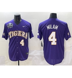 Men's LSU Tigers #4 Steven Milam Purple 2025 World Series & SEC Patch Stitched Baseball Jersey