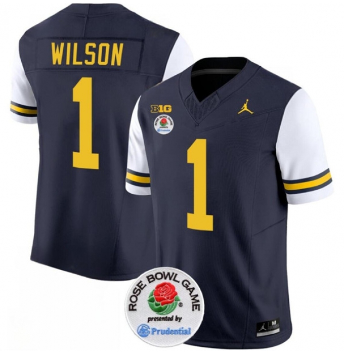 Men's Michigan Wolverines #1 Roman Wilson 2023 F.U.S.E. Navy White Rose Bowl Stitched Jersey