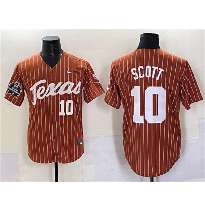 Men's Texas Longhorns #10 Mia Scott Orange Pinstripe 2025 World Series & SEC Patch Stitched Jersey