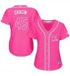 Women's Majestic Milwaukee Brewers #45 Jhoulys Chacin Authentic Pink Fashion Cool Base MLB Jersey