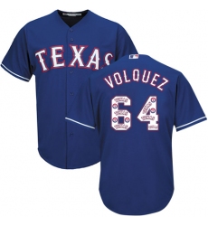 Men's Majestic Texas Rangers #64 Edinson Volquez Authentic Royal Blue Team Logo Fashion Cool Base MLB Jersey