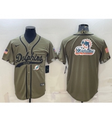Men's Miami Dolphins Olive Salute to Service Team Big Logo Cool Base Stitched Baseball Jersey