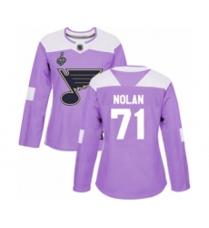 Women's St. Louis Blues #71 Jordan Nolan Authentic Purple Fights Cancer Practice 2019 Stanley Cup Final Bound Hockey Jersey