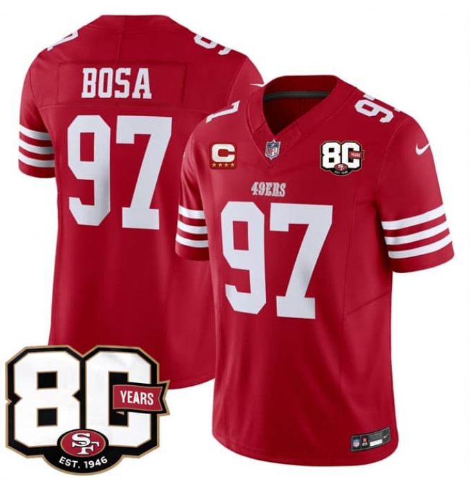 Men's San Francisco 49ers #97 Nick Bosa Red 2026 F.U.S.E. With 80th Anniversary & 4-Star C Vapor Untouchable Limited Football Stitched Jersey