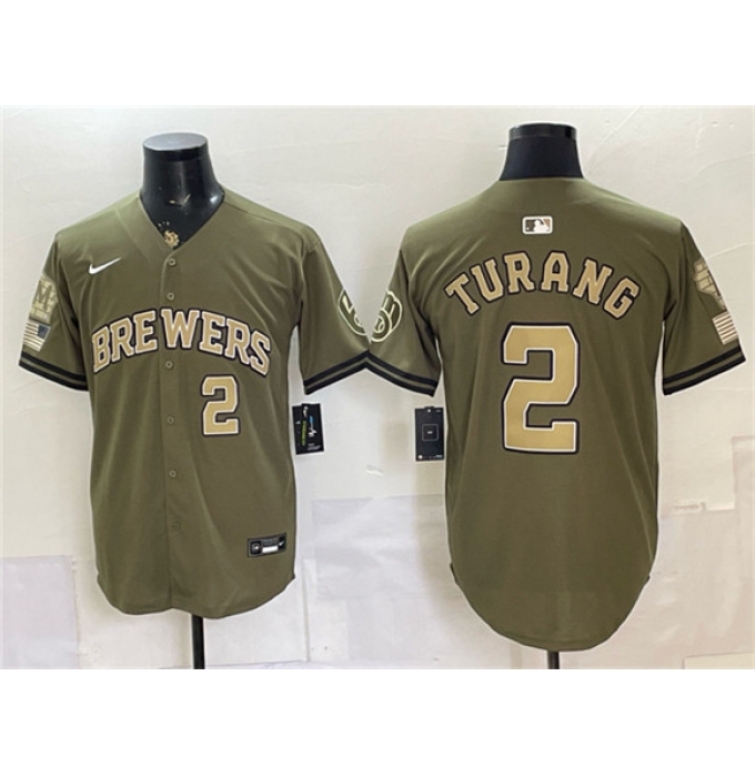 Men's Milwaukee Brewers #2 Brice Turang Olive 2026 Armed Forces Day Stitched Baseball Jersey