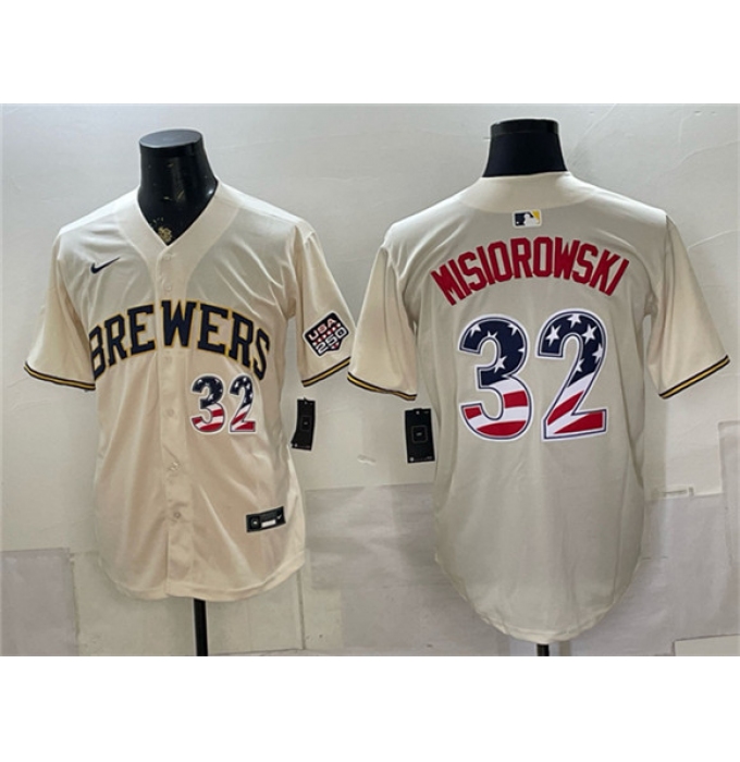 Men's Milwaukee Brewers #32 Jacob Misiorowski Cream 2026 USA 250 Fourth of July Home Stadium Stitched Baseball Jersey