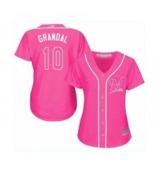 Women's Milwaukee Brewers #10 Yasmani Grandal Authentic Pink Fashion Cool Base Baseball Jersey