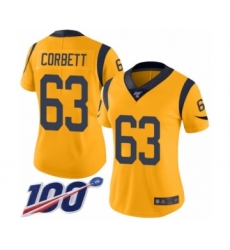 Women's Los Angeles Rams #63 Austin Corbett Limited Gold Rush Vapor Untouchable 100th Season Football Jersey