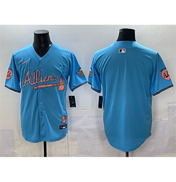 Men's Atlanta Braves Blank Blue 2024 Atliens & Peach With Outkast Vapor Limited Stitched Baseball Jersey