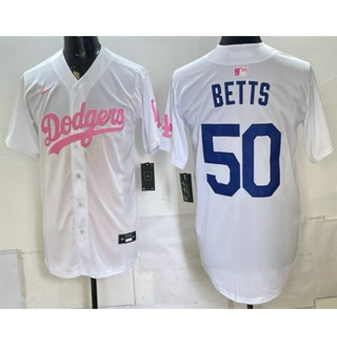 Men's Los Angeles Dodgers #50 Mookie Betts White Pink Limited Stitched Jersey