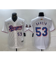 Men's Texas Rangers #53 Adolis Garcia Number White 2023 World Series Champions Cool Base Jersey
