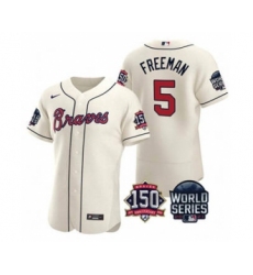 Men's Atlanta Braves #5 Freddie Freeman 2021 Cream World Series With 150th Anniversary Patch Cool Base Baseball Jersey