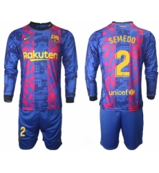 Men 2021-2022 Club Barcelona Second away blue Long Sleeve 2 Soccer Jersey