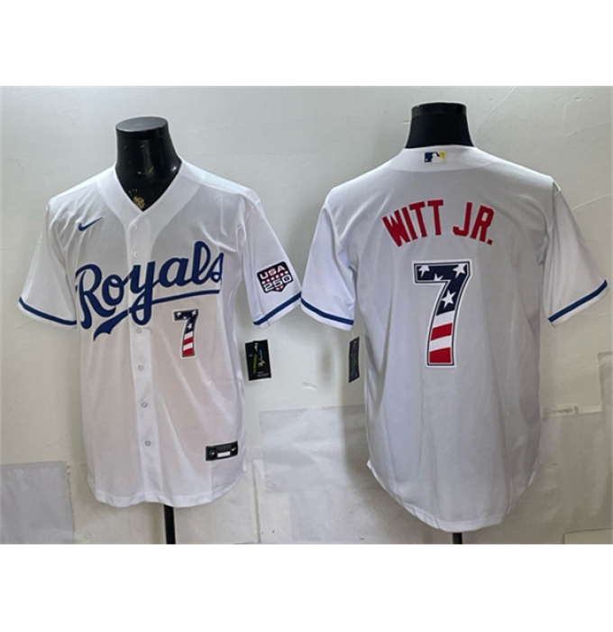 Men's Kansas City Royals #7 Bobby Witt Jr. White 250 Fourth of July Stitched Baseball Jersey