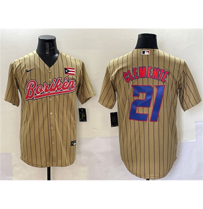 Men's Puerto Rico Baseball #21 Roberto Clemente Tan 2023 World Baseball Classic Stitched Jersey