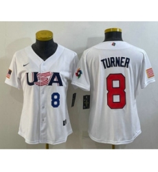 Womens USA Baseball #8 Trea Turner Number 2023 White World Classic Stitched Jersey