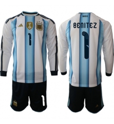 Men's Argentina #1 Benitez Long Sleeve National Team FIFA x World Cup 2026 Home White On Field Jersey