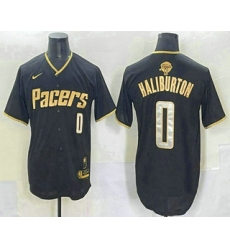 Men's Indiana Pacers #0 Tyrese Haliburton Black Gold 2025 Finals Vapor Stitched Baseball Jersey