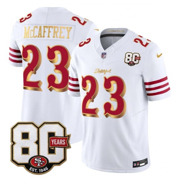 Men's San Francisco 49ers #23 Christian McCaffrey White Gold 80th Anniversary“Rivalries” 2026 F.U.S.E. Vapor Untouchable Limited Football Stitched Jersey
