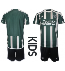kids Manchester United Blank 2023-24 Green Away Soccer Jersey