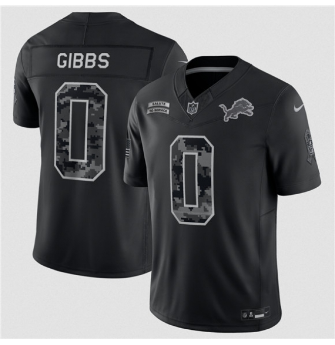 Men's Detroit Lions #0 Jahmyr Gibbs Black F.U.S.E. 2026 Salute to Service Limited Football Stitched Jersey