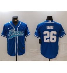 Men's Detroit Lions #26 Jahmyr Gibbs Blue Cool Base Stitched Baseball Jersey