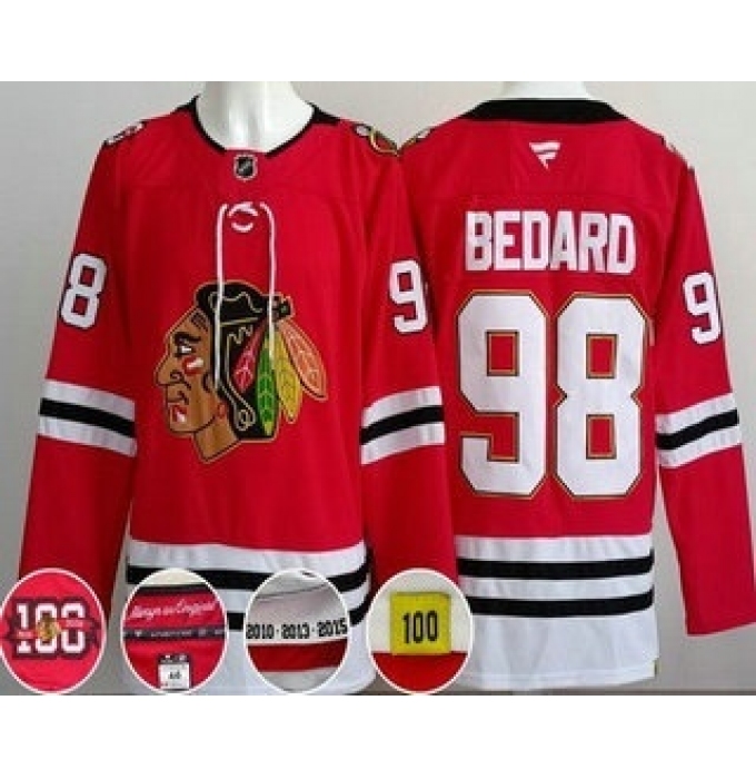 Men's Chicago Blackhawks #98 Connor Bedard Red 100 Years Anniversary Authentic Jersey