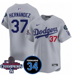 Men's Los Angeles Dodgers #37 Teoscar Hernandez Gray 2024 World Series Champions With Fernando Memorial Vapor Premier Limited Stitched Baseball Jersey