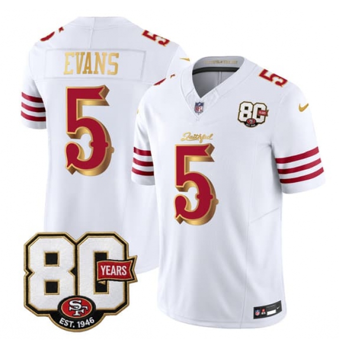 Men's San Francisco 49ers #5 Mike Evans White Gold 80th Anniversary “Rivalries” 2026 F.U.S.E. Vapor Untouchable Limited Football Stitched Jersey