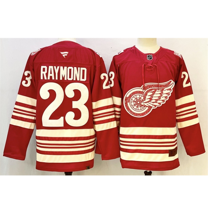 Men's Detroit Red Wings #23 Lucas Raymond Red 2025-26 Centennial Premium Stitched Hockey Jersey