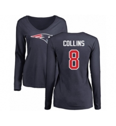Football Women's New England Patriots #8 Jamie Collins Navy Blue Name & Number Logo Slim Fit Long Sleeve T-Shirt