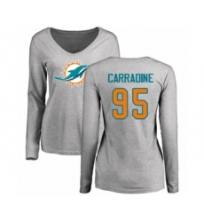 Football Women's Miami Dolphins #95 Tank Carradine Ash Name & Number Logo Long Sleeve T-Shirt