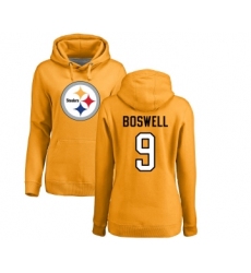 Football Women's Pittsburgh Steelers #9 Chris Boswell Gold Name & Number Logo Pullover Hoodie