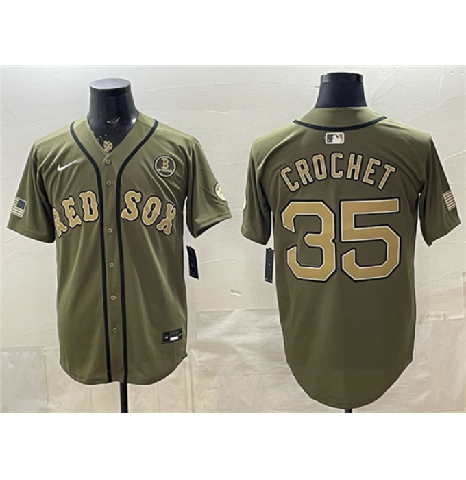 Men's Boston Red Sox #35 Garrett Crochet Olive Armed Forces Day Cool Base Stitched Baseball Jersey