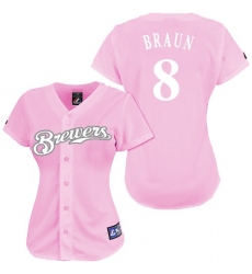 Women's Majestic Milwaukee Brewers #8 Ryan Braun Authentic Pink Fashion MLB Jersey
