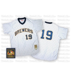 Men's Mitchell and Ness Milwaukee Brewers #19 Robin Yount Replica White/Blue Strip Throwback MLB Jersey