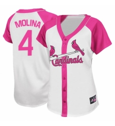 Women's Majestic St. Louis Cardinals #4 Yadier Molina Authentic White Pink Splash Fashion MLB Jersey