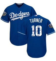 Men's Majestic Los Angeles Dodgers #10 Justin Turner Authentic Royal Blue Team Logo Fashion Cool Base 2018 World Series MLB Jersey