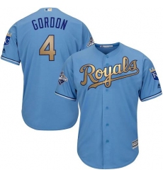 Youth Majestic Kansas City Royals #4 Alex Gordon Authentic Light Blue 2015 World Series Champions Gold Program Cool Base MLB Jersey